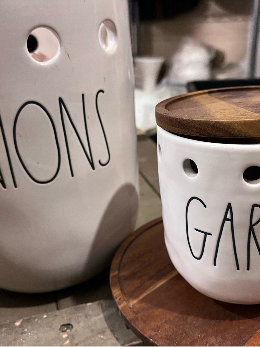 Rae Dunn - White Ceramic Garlic & Onion Jar with Wooden Lid